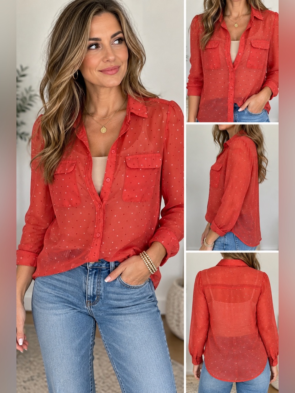 Old Navy Coral Sheer Dot Button-Up Blouse XS